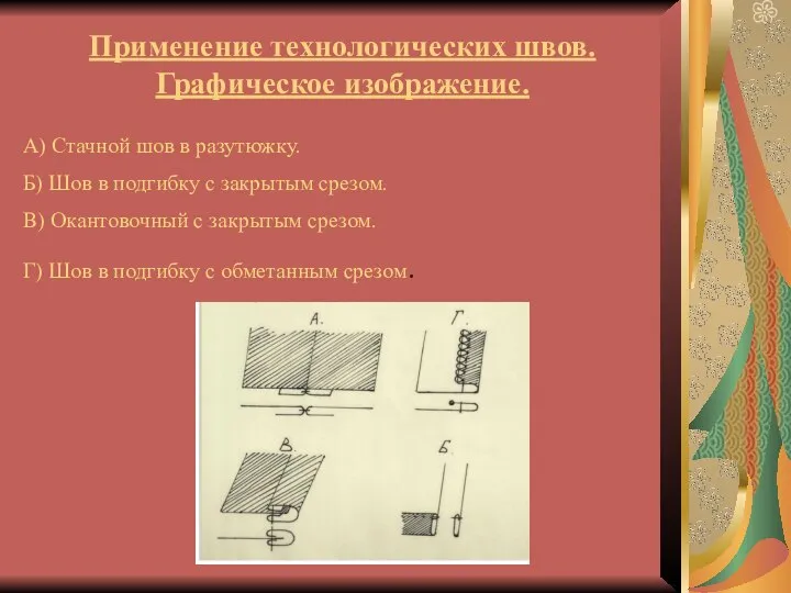 Применение технологических швов. Графическое изображение. А) Стачной шов в разутюжку. Б)