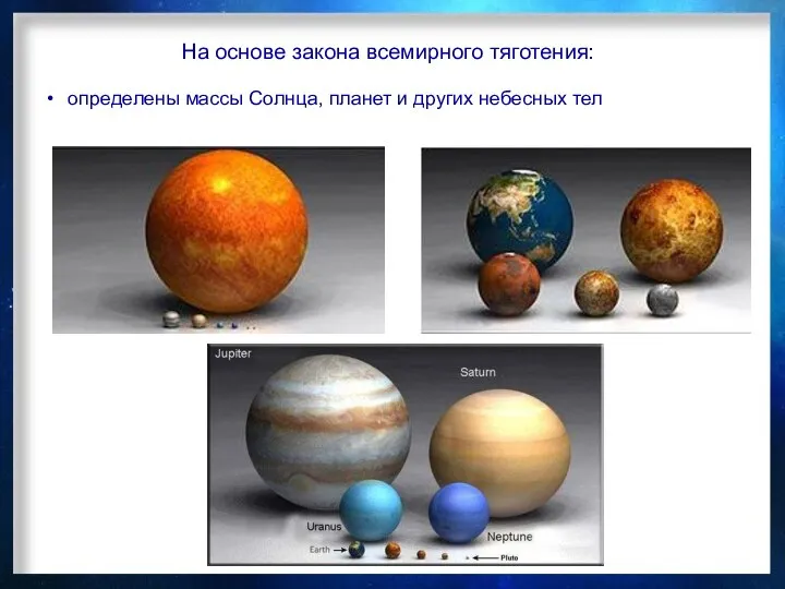 На основе закона всемирного тяготения: определены массы Солнца, планет и других небесных тел