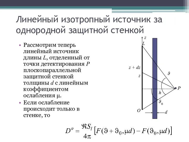 Линейный изотропный источник за однородной защитной стенкой Рассмотрим теперь линейный источник