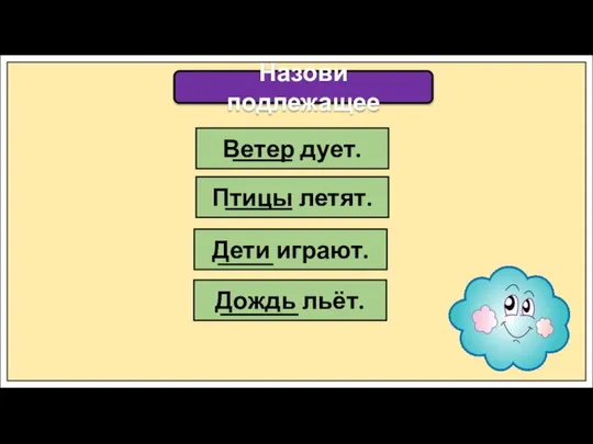 Назови подлежащее Ветер дует. Птицы летят. Дети играют. Дождь льёт.