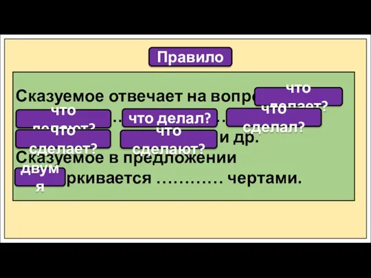 Правило Сказуемое отвечает на вопросы ………………… ………..………… и др. Сказуемое в