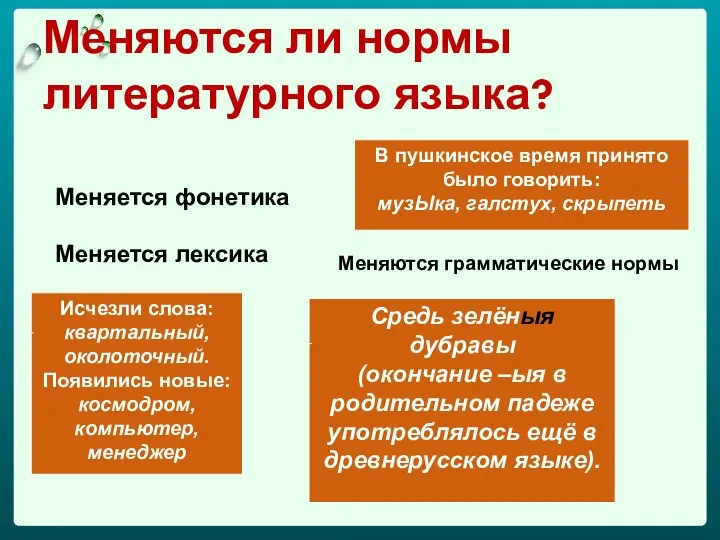 Меняются ли нормы литературного языка? Меняется фонетика В пушкинское время принято