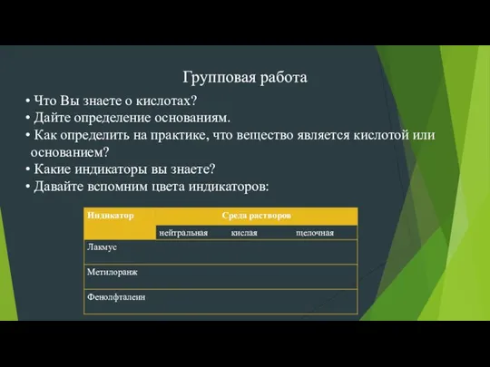 Групповая работа Что Вы знаете о кислотах? Дайте определение основаниям. Как