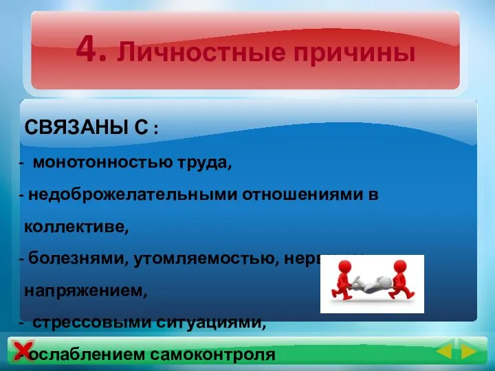 4. Личностные причины СВЯЗАНЫ С : монотонностью труда, недоброжелательными отношениями в