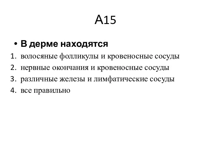 А15 В дерме находятся волосяные фолликулы и кровеносные сосуды нервные окончания