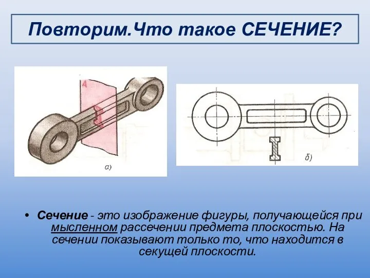 Сечение - это изображение фигуры, получающейся при мысленном рассечении предмета плоскостью.