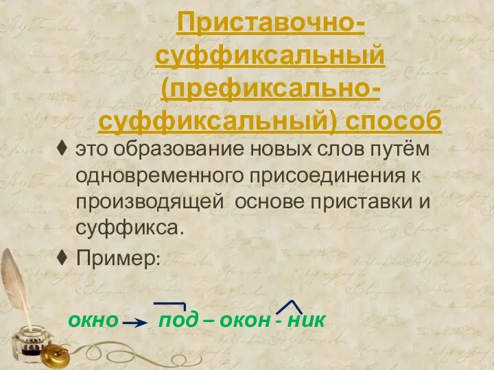 Приставочно-суффиксальный (префиксально-суффиксальный) способ это образование новых слов путём одновременного присоединения к