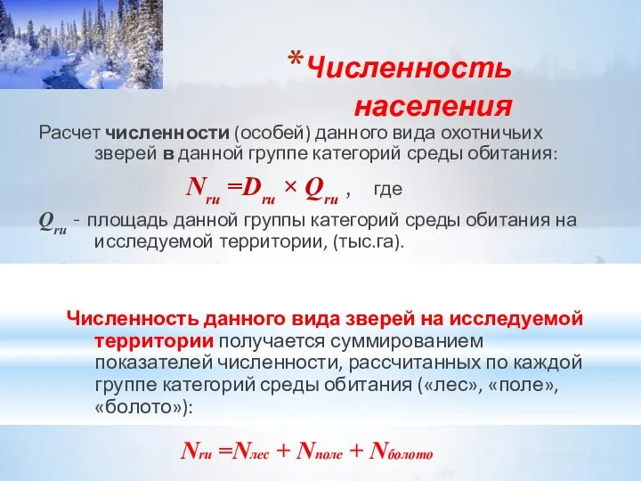 Численность населения Расчет численности (особей) данного вида охотничьих зверей в данной