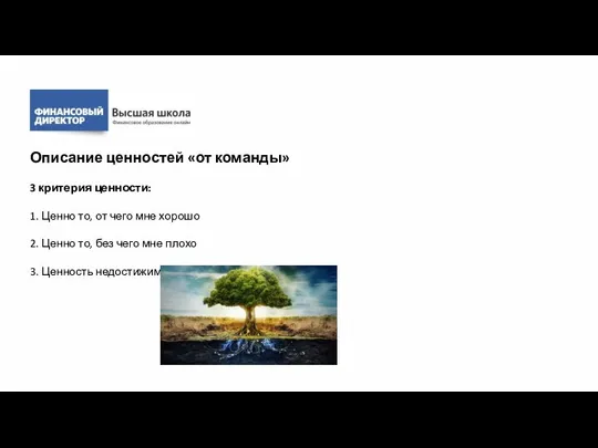 Описание ценностей «от команды» 3 критерия ценности: 1. Ценно то, от