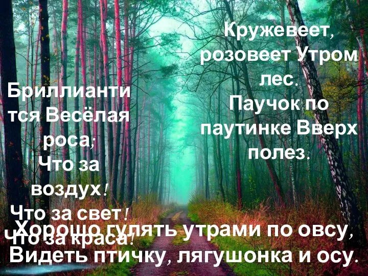 Хорошо гулять утрами по овсу, Видеть птичку, лягушонка и осу. Бриллиантится