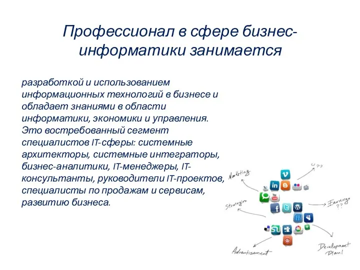 Профессионал в сфере бизнес-информатики занимается разработкой и использованием информационных технологий в