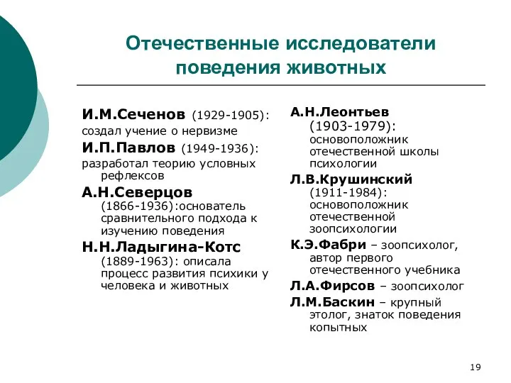 Отечественные исследователи поведения животных И.М.Сеченов (1929-1905): создал учение о нервизме И.П.Павлов