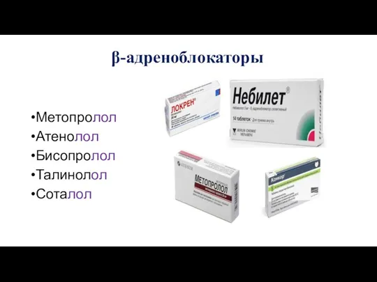 β-адреноблокаторы Метопролол Атенолол Бисопролол Талинолол Соталол