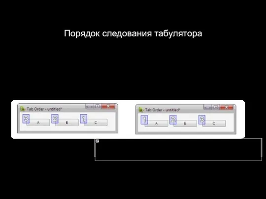 Порядок следования табулятора QWidget:: setTabOrder() QWidget:: setTabOrder( A, B); QWidget:: setTabOrder( B,C);