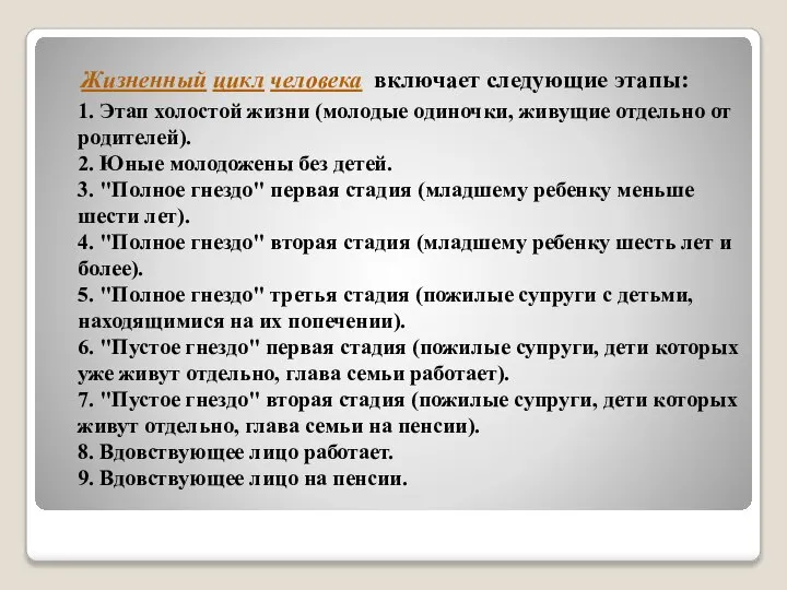 Жизненный цикл человека включает следующие этапы: 1. Этап холостой жизни (молодые