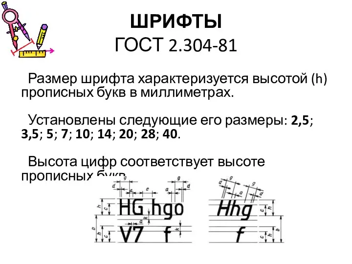 ШРИФТЫ ГОСТ 2.304-81 Размер шрифта характеризуется высотой (h) прописных букв в