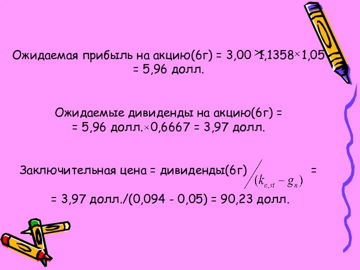 Ожидаемая прибыль на акцию(6г) = 3,00 1,1358 1,05 = 5,96 долл.