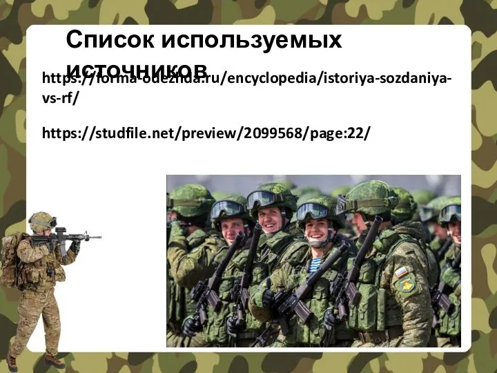 Список используемых источников https://forma-odezhda.ru/encyclopedia/istoriya-sozdaniya-vs-rf/ https://studfile.net/preview/2099568/page:22/