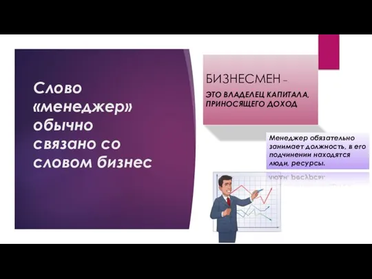 Слово «менеджер» обычно связано со словом бизнес БИЗНЕСМЕН – ЭТО ВЛАДЕЛЕЦ