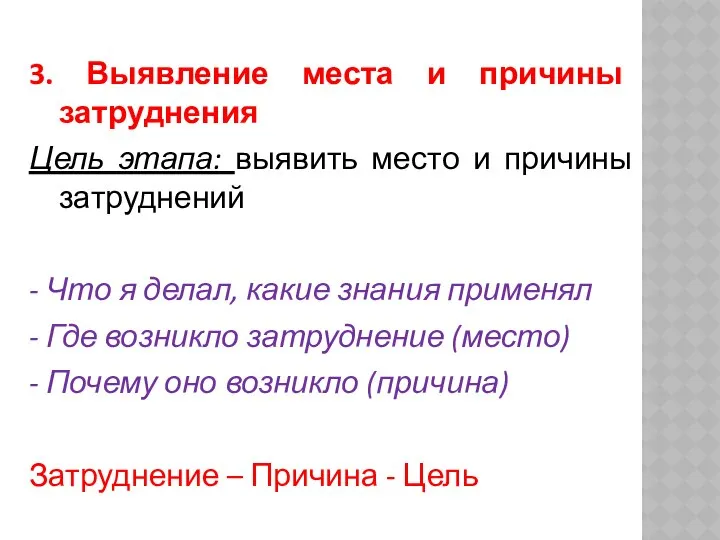 3. Выявление места и причины затруднения Цель этапа: выявить место и