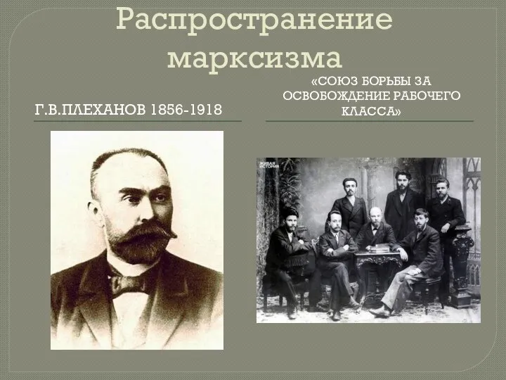 Распространение марксизма Г.В.ПЛЕХАНОВ 1856-1918 «СОЮЗ БОРЬБЫ ЗА ОСВОБОЖДЕНИЕ РАБОЧЕГО КЛАССА»