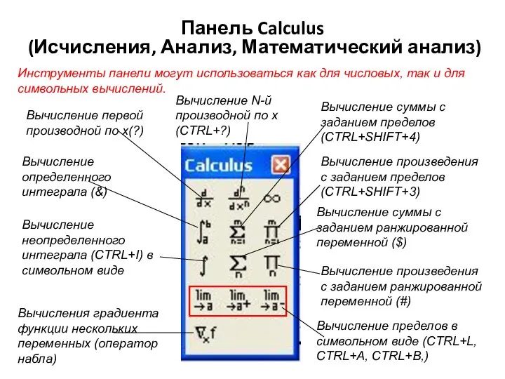 Панель Calculus (Исчисления, Анализ, Математический анализ) Вычисление первой производной по х(?)