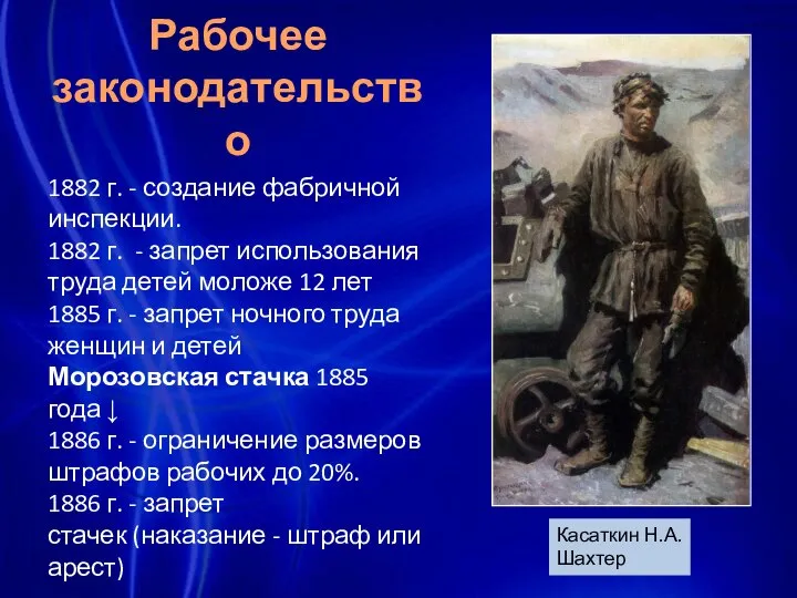 Касаткин Н.А. Шахтер Рабочее законодательство 1882 г. - создание фабричной инспекции.