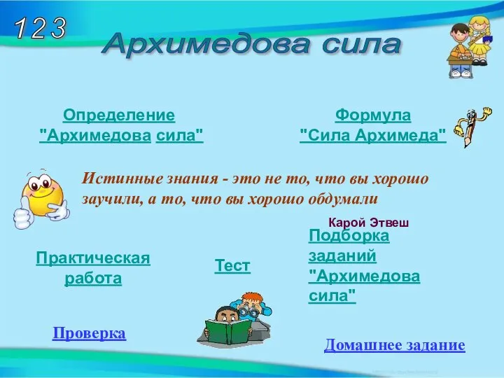 Определение "Архимедова сила" Формула "Сила Архимеда" Архимедова сила Практическая работа Тест