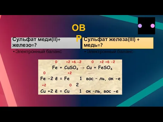 Сульфат меди(II)+ железо=? Электронный баланс Сульфат железа(III) + медь=? Электронный баланс ОВР