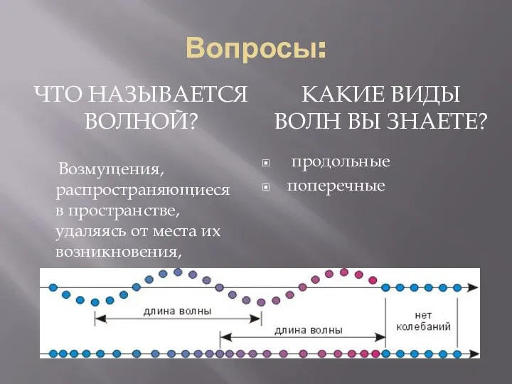 Вопросы: ЧТО НАЗЫВАЕТСЯ ВОЛНОЙ? КАКИЕ ВИДЫ ВОЛН ВЫ ЗНАЕТЕ? Возмущения, распространяющиеся