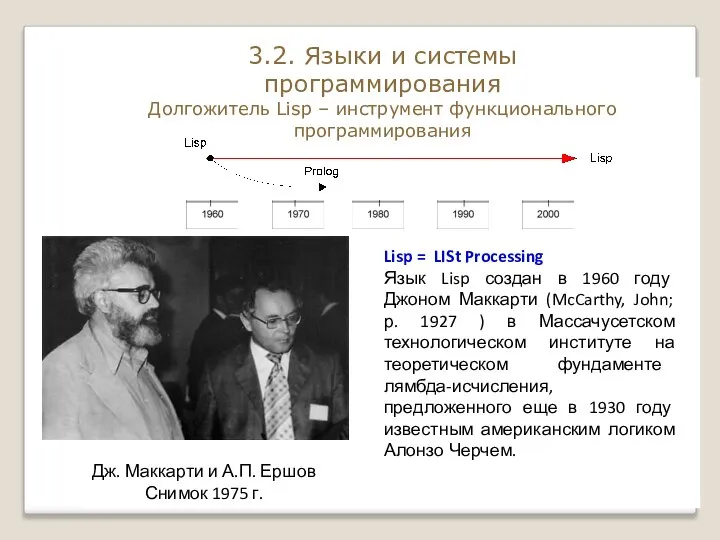 Lisp = LISt Processing Язык Lisp создан в 1960 году Джоном