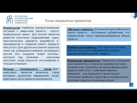 Типы закрытия проектов Нормальное. Наиболее распространенная ситуация с закрытием проекта -