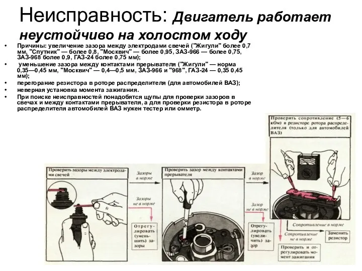 Неисправность: Двигатель работает неустойчиво на холостом ходу Причины: увеличение зазора между