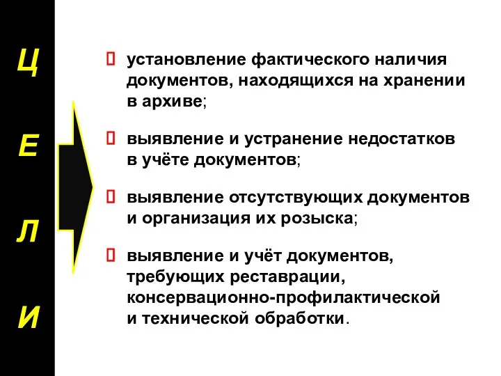 установление фактического наличия документов, находящихся на хранении в архиве; выявление и