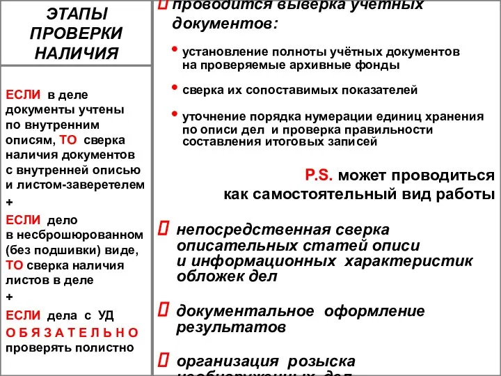 ЭТАПЫ ПРОВЕРКИ НАЛИЧИЯ проводится выверка учётных документов: установление полноты учётных документов