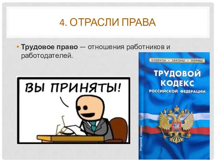 4. ОТРАСЛИ ПРАВА Трудовое право — отношения работников и работодателей.