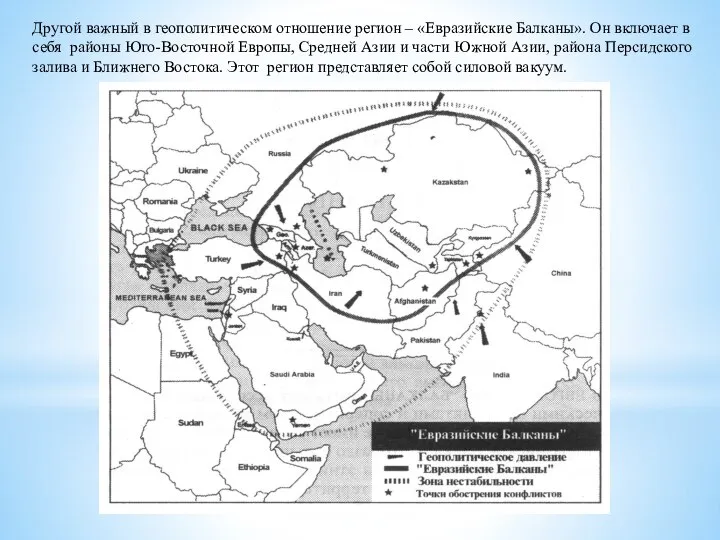 Другой важный в геополитическом отношение регион – «Евразийские Балканы». Он включает