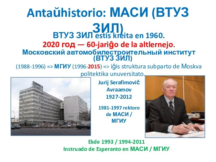 Antaŭhistorio: МАСИ (ВТУЗ ЗИЛ) ВТУЗ ЗИЛ estis kreita en 1960. 2020