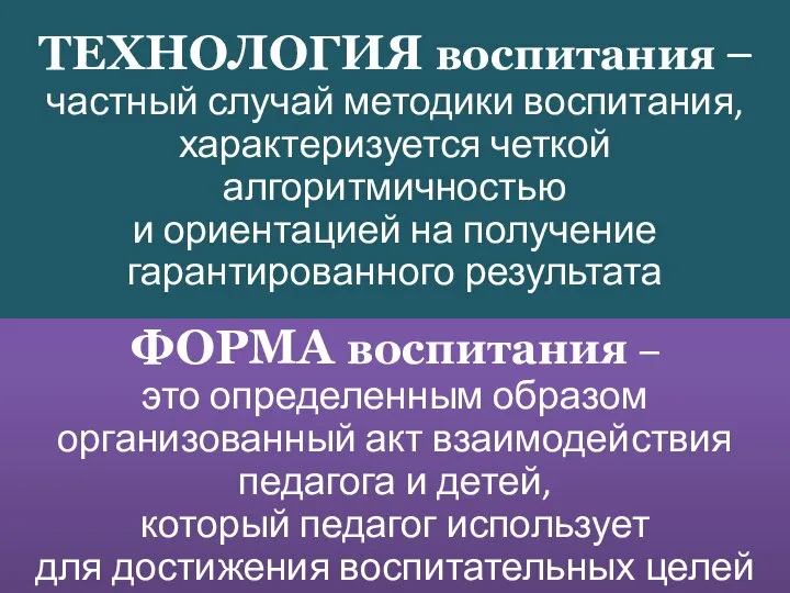 ТЕХНОЛОГИЯ воспитания – частный случай методики воспитания, характеризуется четкой алгоритмичностью и