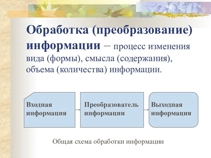 Обработка (преобразование) информации – процесс изменения вида (формы), смысла (содержания), объема (количества) информации.