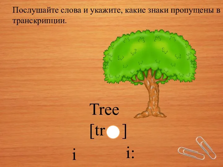 Послушайте слова и укажите, какие знаки пропущены в транскрипции. Tree [tr ] i i: