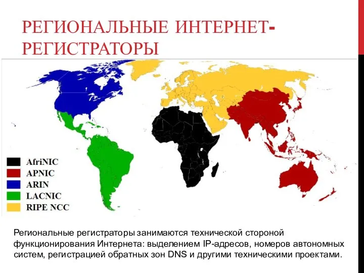 РЕГИОНАЛЬНЫЕ ИНТЕРНЕТ-РЕГИСТРАТОРЫ Региональные регистраторы занимаются технической стороной функционирования Интернета: выделением IP-адресов,