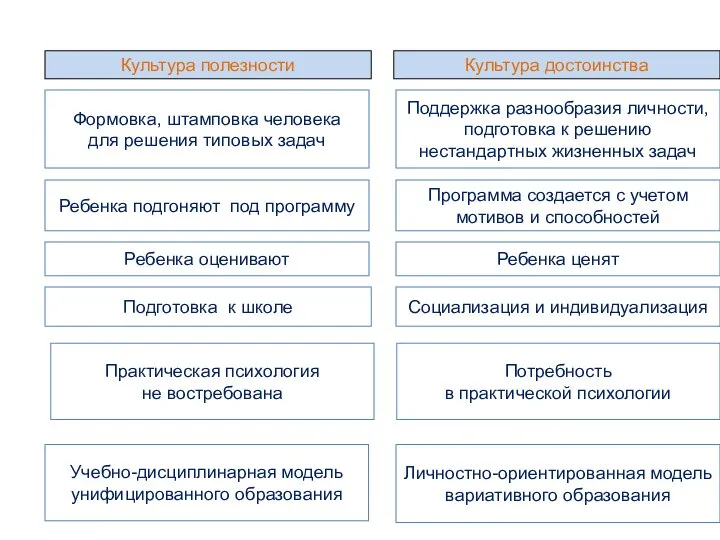 Культура полезности Культура достоинства Программа создается с учетом мотивов и способностей