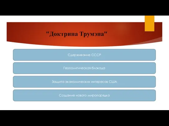 "Доктрина Трумэна" Сдерживание СССР Геополитическая блокада Защита экономических интересов США Создание нового миропорядка