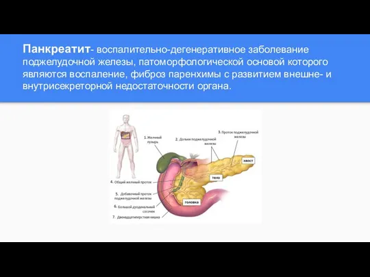 Панкреатит- воспалительно-дегенеративное заболевание поджелудочной железы, патоморфологической основой которого являются воспаление, фиброз