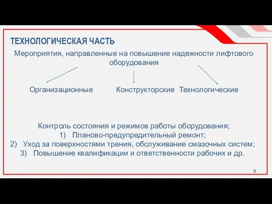 ТЕХНОЛОГИЧЕСКАЯ ЧАСТЬ Мероприятия, направленные на повышение надежности лифтового оборудования Организационные Конструкторские