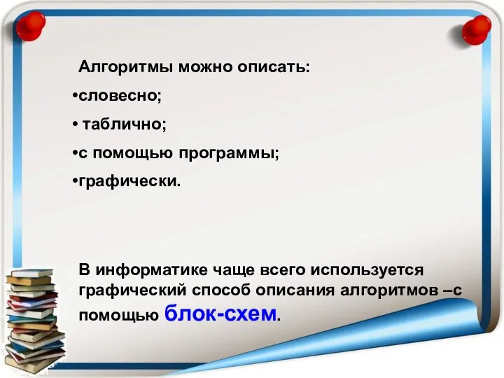 Алгоритмы можно описать: словесно; таблично; с помощью программы; графически. В информатике