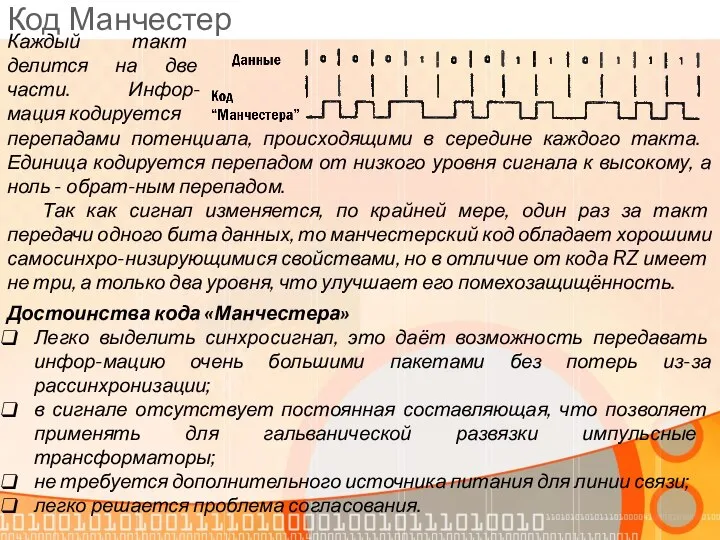 Код Манчестер Каждый такт делится на две части. Инфор-мация кодируется пе­репадами