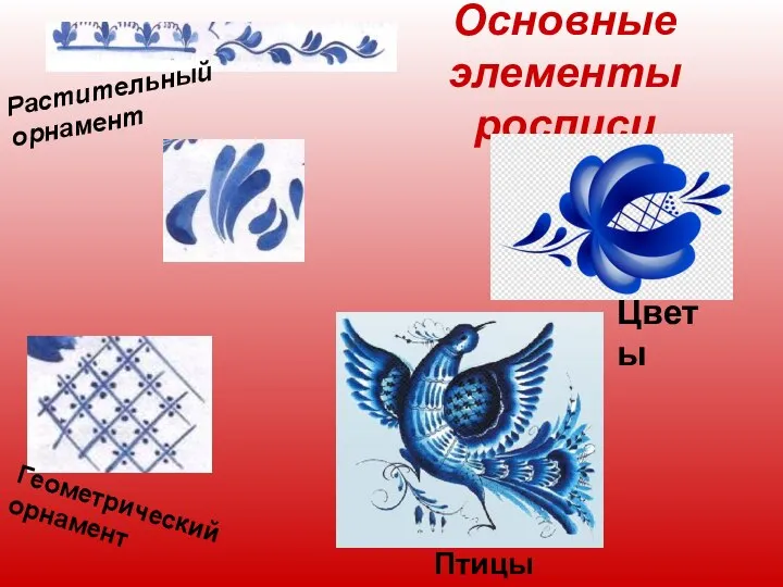 Основные элементы росписи Растительный орнамент Геометрический орнамент Птицы Цветы