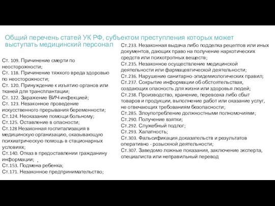 Общий перечень статей УК РФ, субъектом преступления которых может выступать медицинский